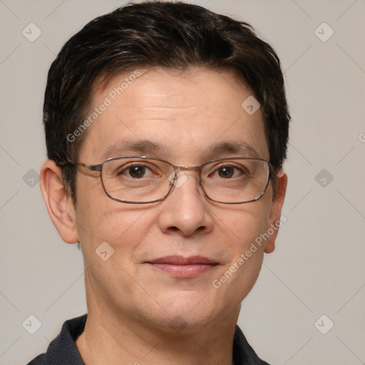 Joyful white adult male with short  brown hair and grey eyes