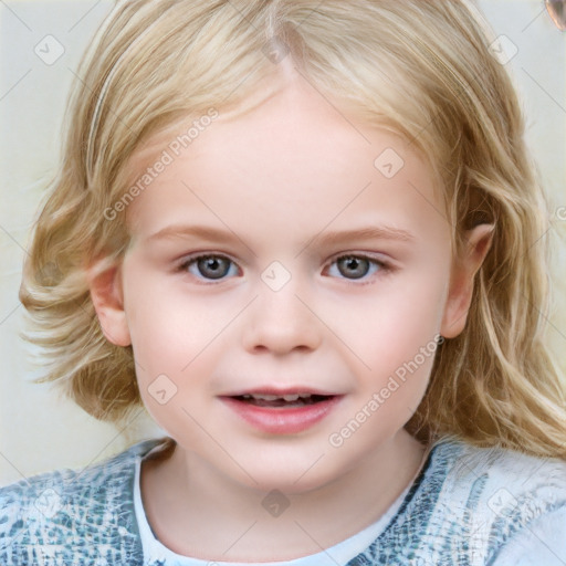 Joyful white child female with medium  brown hair and blue eyes