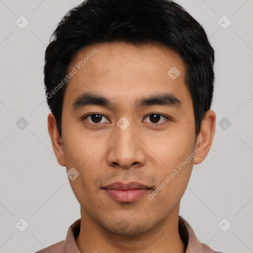 Neutral asian young-adult male with short  black hair and brown eyes