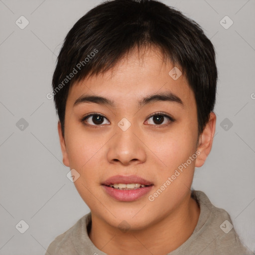 Joyful asian young-adult female with short  brown hair and brown eyes