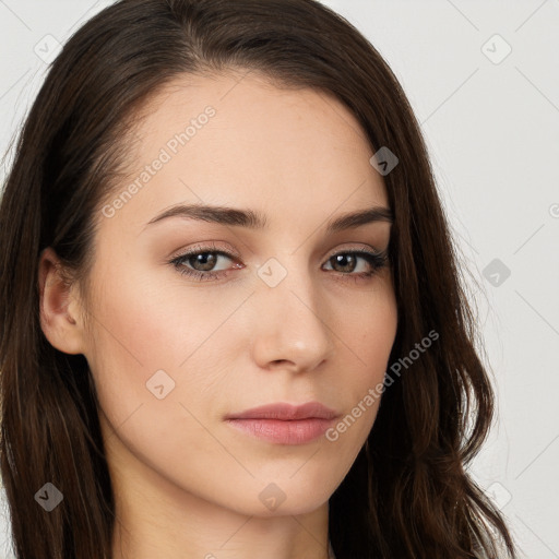 Neutral white young-adult female with long  brown hair and brown eyes