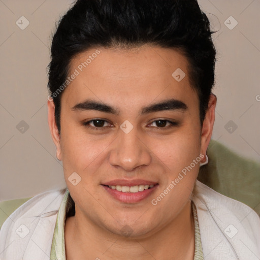 Joyful latino young-adult male with short  brown hair and brown eyes