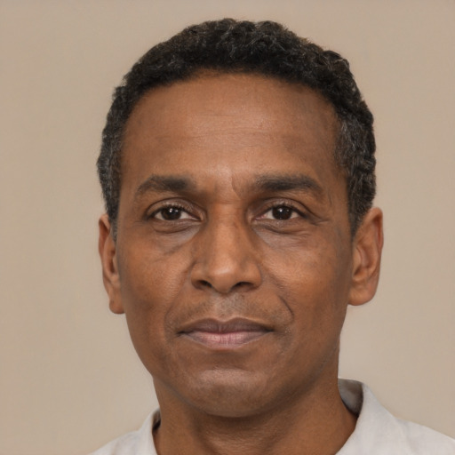 Neutral black adult male with short  black hair and brown eyes