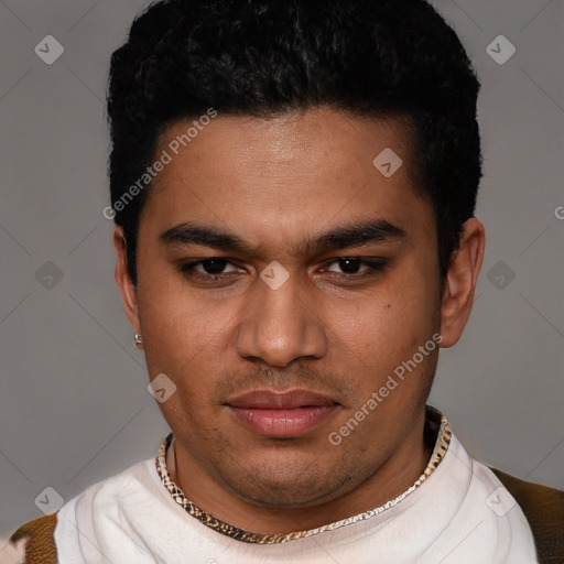Neutral latino young-adult male with short  black hair and brown eyes