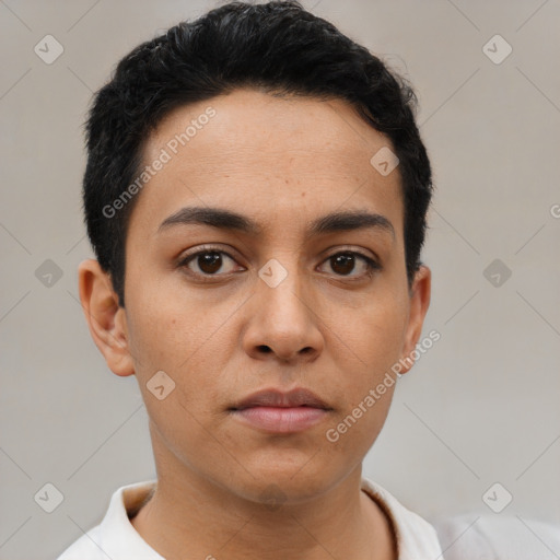 Neutral latino young-adult male with short  black hair and brown eyes