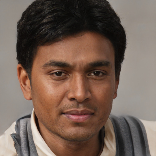 Joyful latino young-adult male with short  brown hair and brown eyes