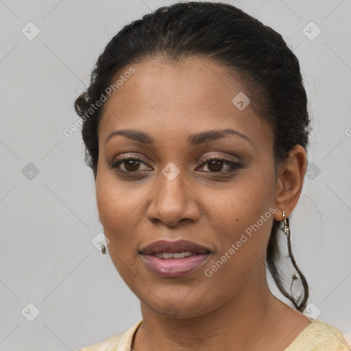 Joyful latino young-adult female with short  brown hair and brown eyes