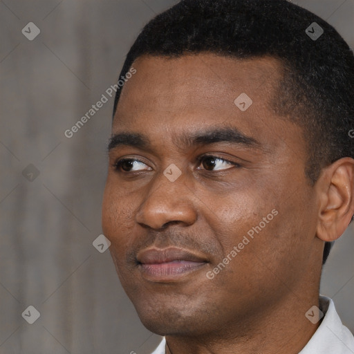 Neutral black young-adult male with short  black hair and brown eyes