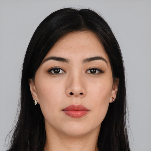 Neutral asian young-adult female with long  black hair and brown eyes