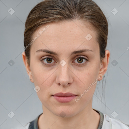 Neutral white young-adult female with medium  brown hair and brown eyes