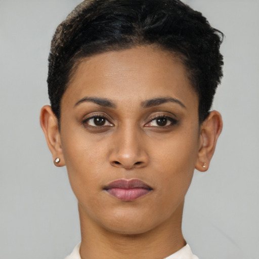 Neutral black young-adult female with short  brown hair and brown eyes