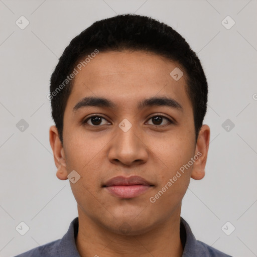 Neutral latino young-adult male with short  black hair and brown eyes