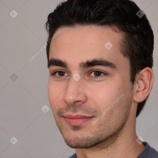 Neutral white young-adult male with short  brown hair and brown eyes