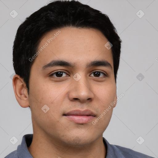 Neutral latino young-adult male with short  black hair and brown eyes