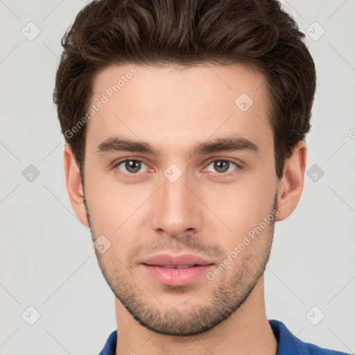 Neutral white young-adult male with short  brown hair and brown eyes