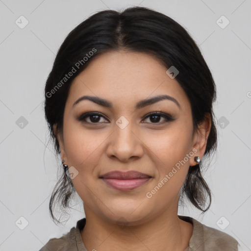 Joyful latino young-adult female with medium  black hair and brown eyes