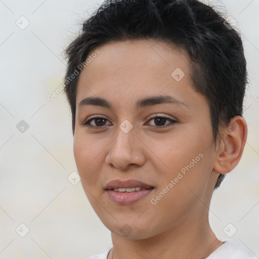 Joyful latino young-adult female with short  brown hair and brown eyes