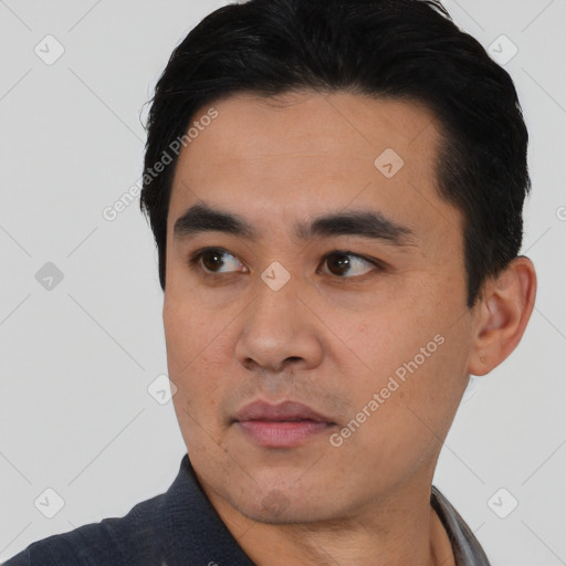 Neutral asian young-adult male with short  black hair and brown eyes