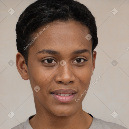 Joyful latino young-adult female with short  black hair and brown eyes