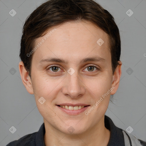 Joyful white young-adult female with short  brown hair and brown eyes