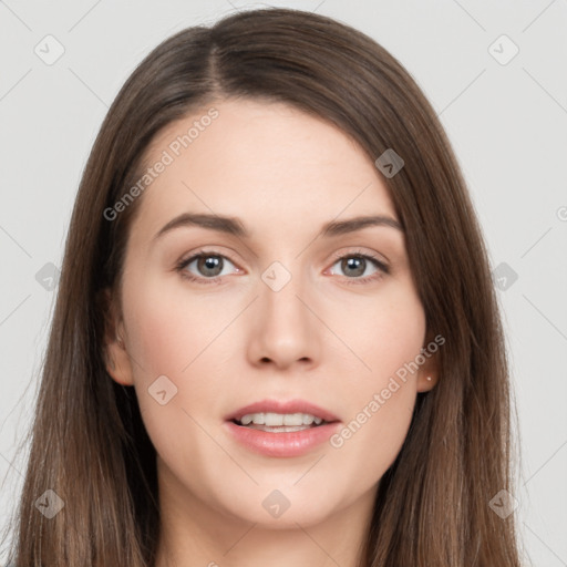 Neutral white young-adult female with long  brown hair and brown eyes