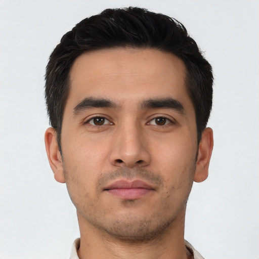 Neutral asian young-adult male with short  black hair and brown eyes