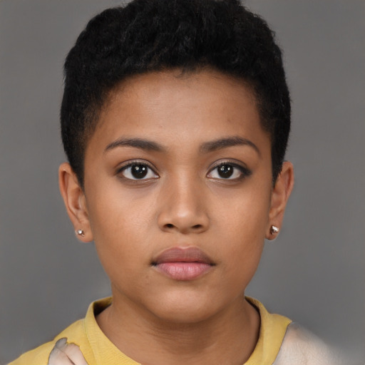 Neutral black young-adult female with short  brown hair and brown eyes