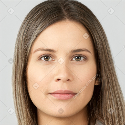 Neutral white young-adult female with long  brown hair and brown eyes