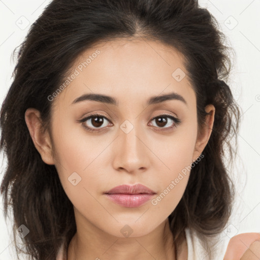 Neutral white young-adult female with long  brown hair and brown eyes