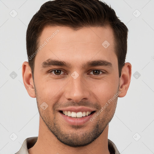 Joyful white young-adult male with short  brown hair and brown eyes