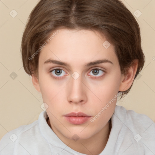 Neutral white young-adult female with short  brown hair and brown eyes