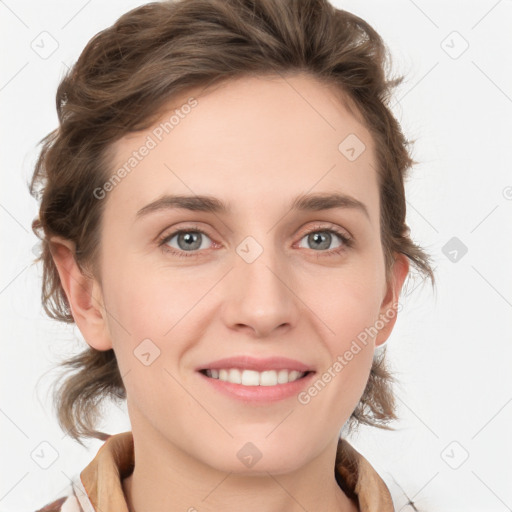 Joyful white young-adult female with medium  brown hair and blue eyes