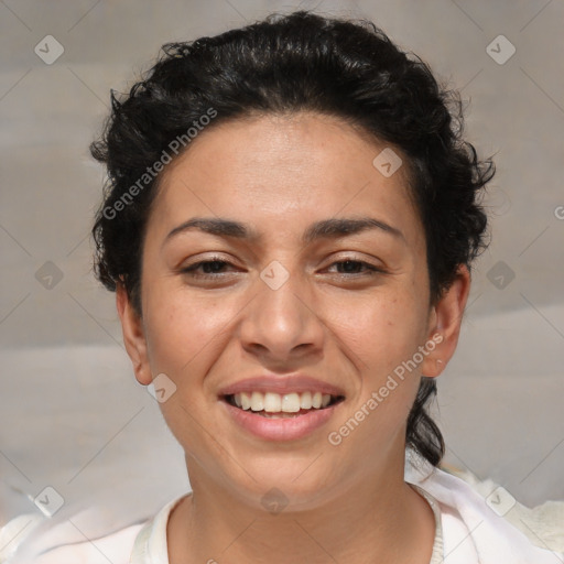 Joyful white adult female with short  brown hair and brown eyes