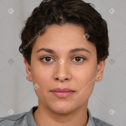 Neutral white young-adult female with short  brown hair and brown eyes