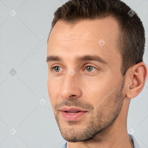 Neutral white young-adult male with short  brown hair and brown eyes