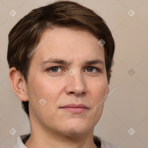 Neutral white young-adult male with short  brown hair and grey eyes