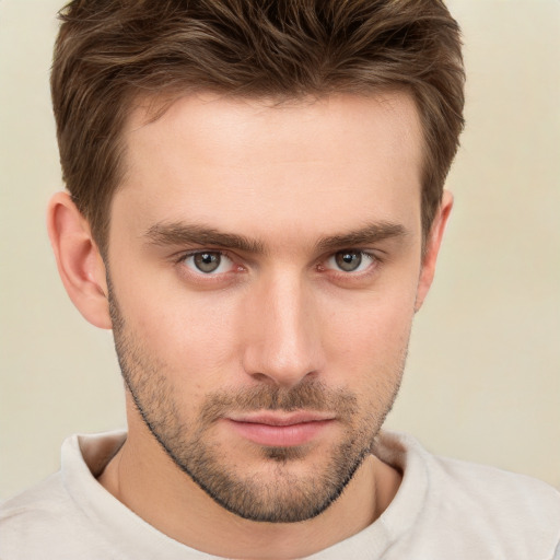 Neutral white young-adult male with short  brown hair and brown eyes