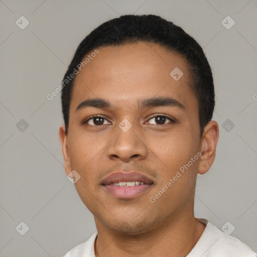 Neutral latino young-adult male with short  black hair and brown eyes