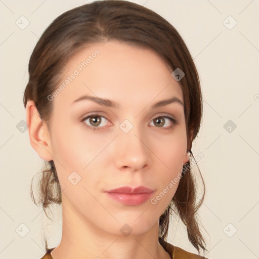 Neutral white young-adult female with short  brown hair and brown eyes