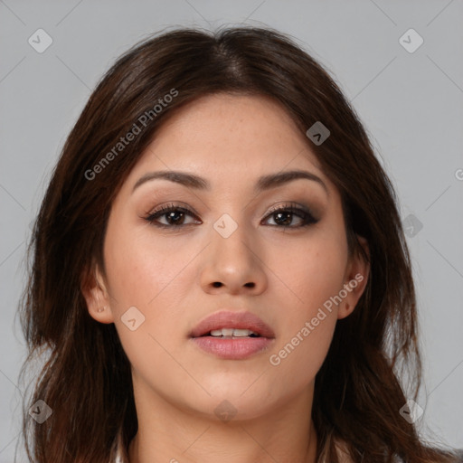 Neutral white young-adult female with medium  brown hair and brown eyes