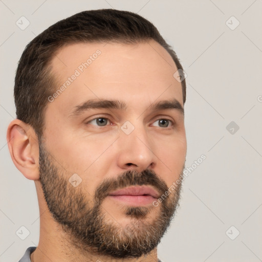 Neutral white young-adult male with short  brown hair and brown eyes