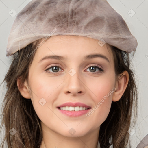 Joyful white young-adult female with long  brown hair and grey eyes