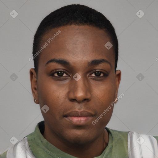 Neutral black young-adult female with short  black hair and brown eyes