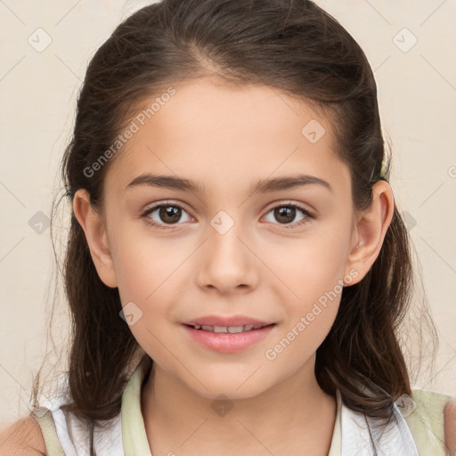 Joyful white child female with medium  brown hair and brown eyes