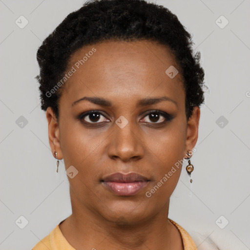 Neutral black young-adult female with short  black hair and brown eyes