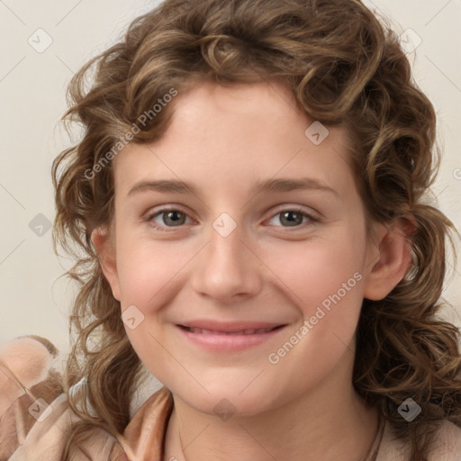 Joyful white child female with medium  brown hair and brown eyes