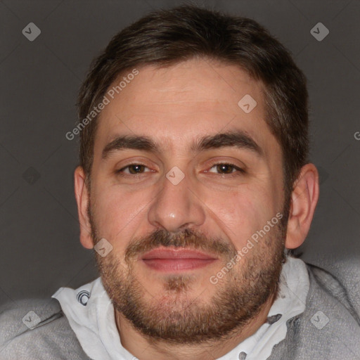 Joyful white adult male with short  brown hair and brown eyes