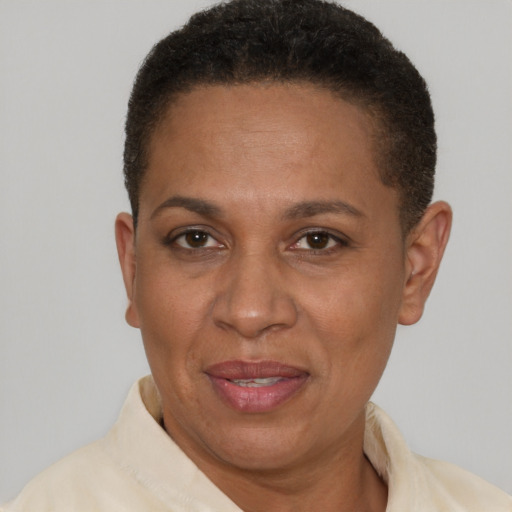 Joyful latino adult female with short  brown hair and brown eyes