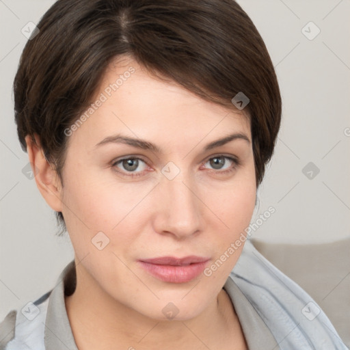 Neutral white young-adult female with short  brown hair and brown eyes