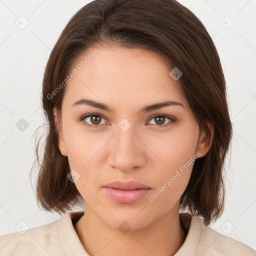 Neutral white young-adult female with medium  brown hair and brown eyes